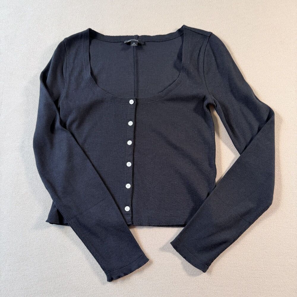 J CREW - Sz. XS / Black Scoopneck Ribbed Cardigan Cotton/Modal
